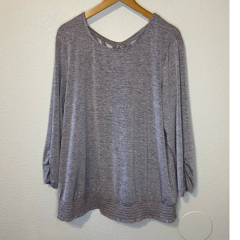Apt. 9 Long Sleeve Cross Strap Low Back Smocked Waist Top XL Heathered Gray Pink